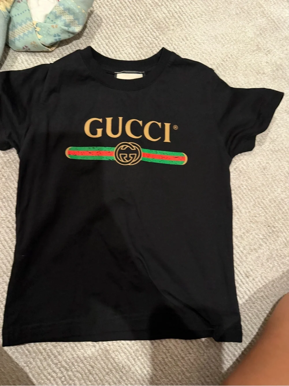 Gucci Black Tee with Gold Logo and Green-Red stripe  box and bag